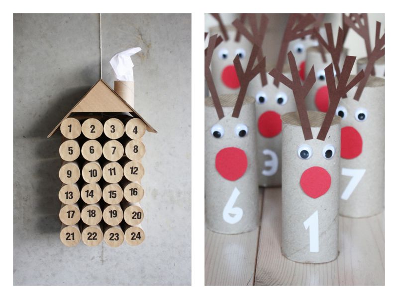 Calendário do Advento feito com rolos de papel higiénico